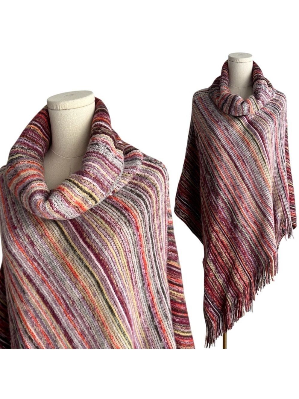Cejon Colourful Knit Poncho O/S Rainbow Fringe Soft Boho Turtleneck Cozy Fall